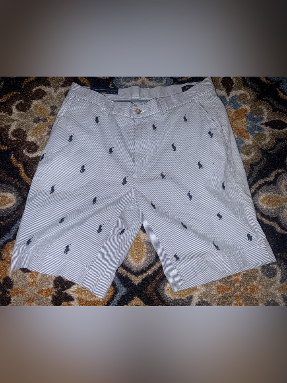 Polo by Ralph Lauren Blue and White Striped Embroidered Polo Player Shorts